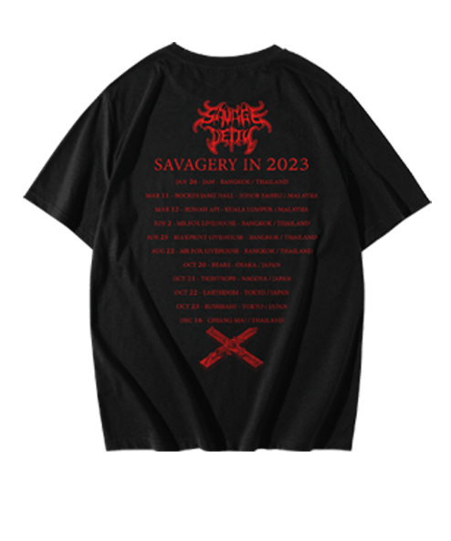 SAVAGE DEITY “SAVAGERY IN 2023” T-SHIRT ( RED LOGO )